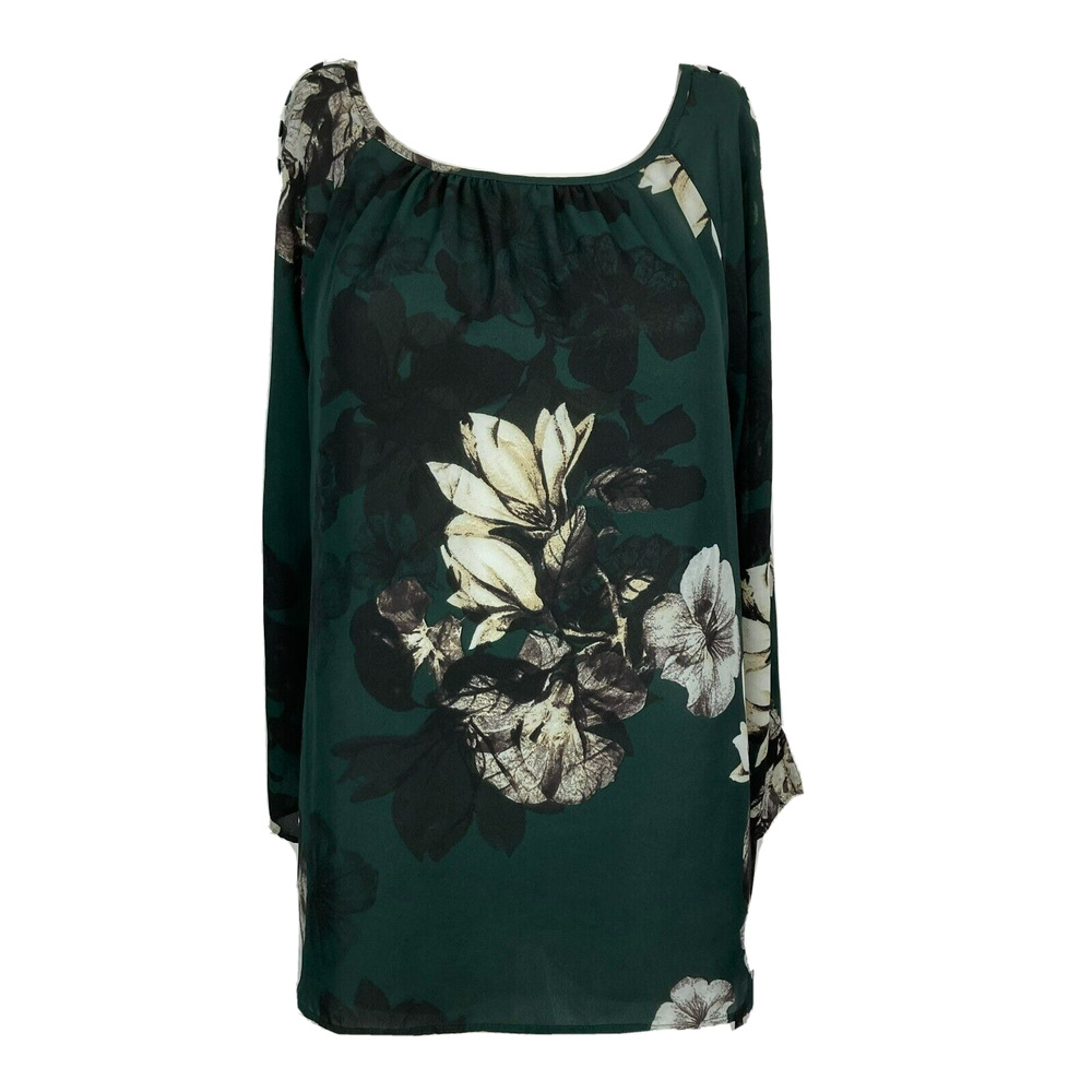 Zac & Rachel Shirt Womens Sz L Green Black Floral Popover Blouse Button Sleeve